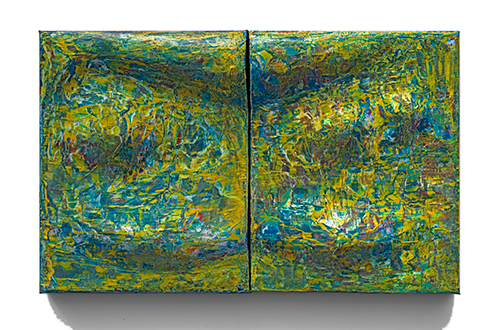 La vie Haute et Bas, a yellow and green 10 x 6 inch bas relief painting.