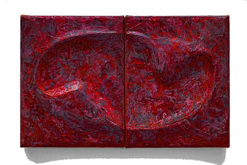 Les Pensees Positives Creent Une Vie Positives, a red and blue 10 x 6 inch bas relief painting